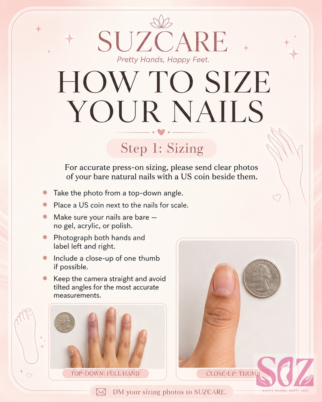 Suzcare nail sizing guide using photos and coin for scale